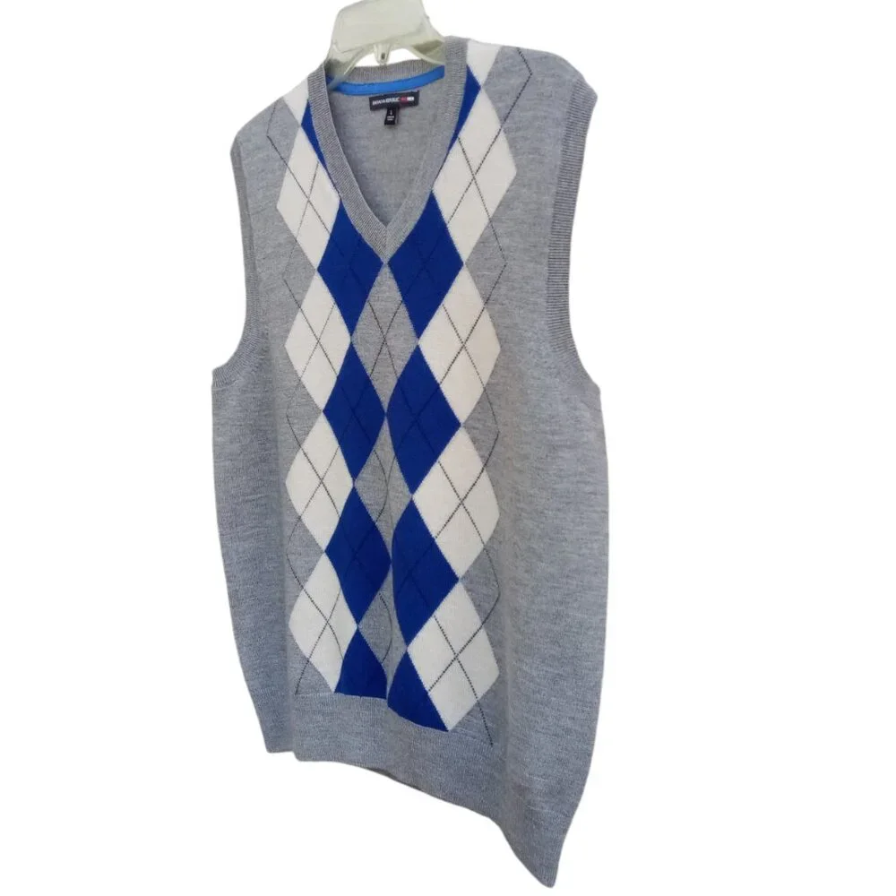 Banana Republic Madmen Argyle gray merino wool sweater vest sz L - Picture 4 of 9